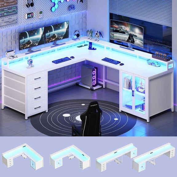 SEDETA L Shaped Gaming Desk with 4 Drawers, 109” Computer Desk with Display Cabinet, Home Office Desks with 2 Monitor Stands, CPU Stand, LED Lights and Power Outlet, White