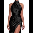 thumbnail image 2 of Vestido de Dama de con Cuello Halter y Abertura, Vestido de Fiesta de Satén, Vestido de Noche Formal de Sirena Plisado Negro L, 2 of 7