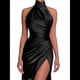thumbnail image 2 of Vestido de Dama de con Cuello Halter y Abertura, Vestido de Fiesta de Satén, Vestido de Noche Formal de Sirena Plisado Negro L, 2 of 7