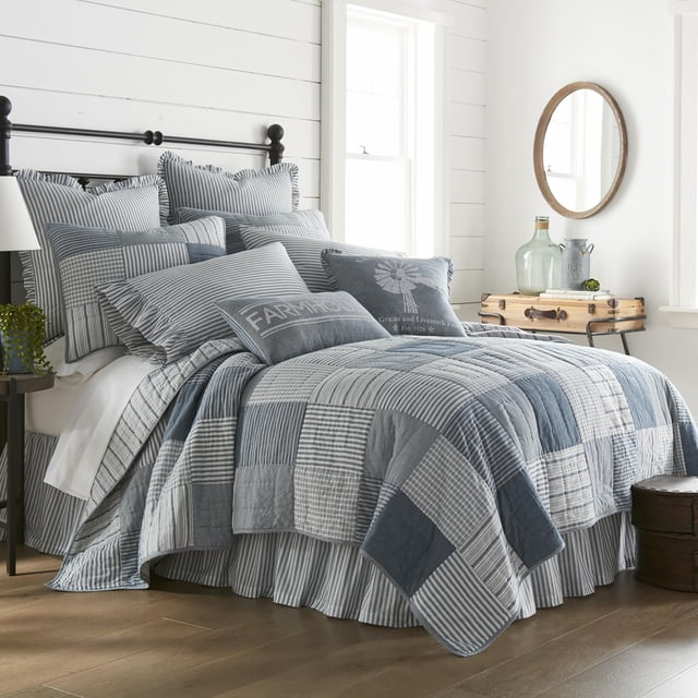 VHC Brands Sawyer Mill Blue Farmhouse Patchwork Luxury Oversized King Quilt 100% Cotton Reversible Quilted Bedspread 120x105
