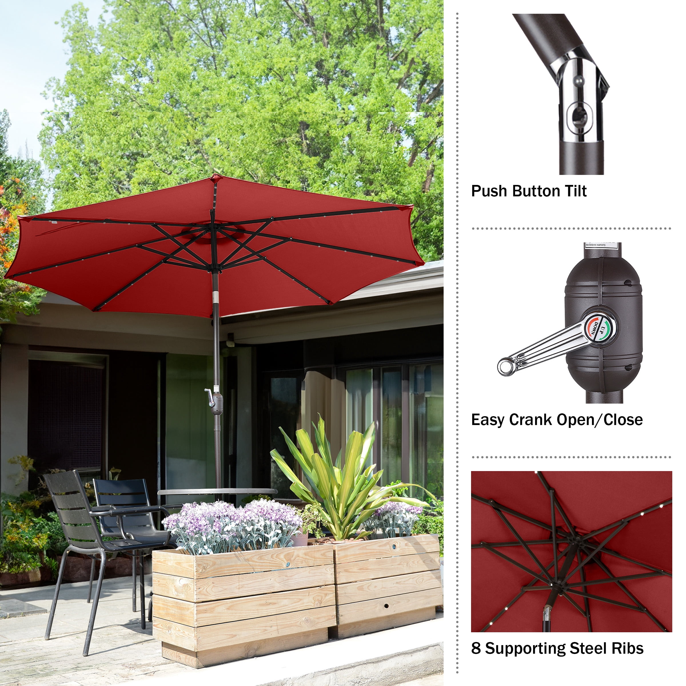 Villacera 9FT Outdoor Patio Umbrella with Solar Lights and Tilt, Red