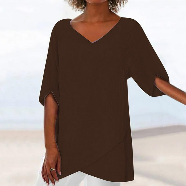 CHUANK Liquidation pour Femmes Mode Blouse d'Été Irrégulière Unie à Manches Courtes à Col en V Vêtements en Rabais