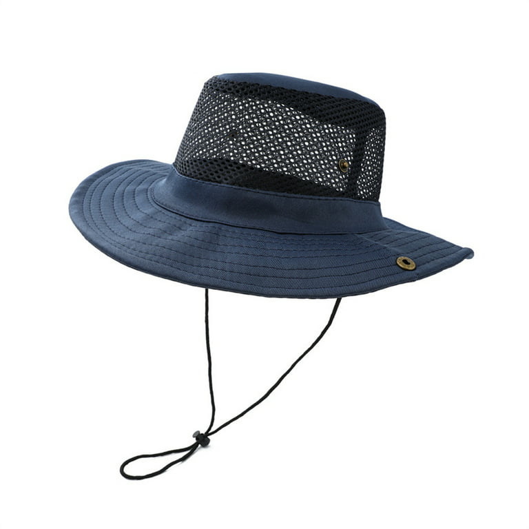 Mesh Sun Hat for Men Hats Sun Protection Summer Beach Safari Wide Brim  Fishing Cap Outdoor-Navy Blue