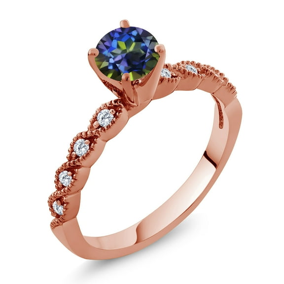 Gem Stone King 18K Rose Gold Plated Silver Ring Round Blue Mystic Topaz and Moissanite (1.12 Cttw, Size 9)