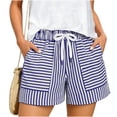 thumbnail image 3 of UDAUDU Striped Shorts for Women with Expanding Pockets Loose Drawstring Beach Soft Shorts High Rise Wide Leg Striped Summer Pants Short Blue L, 3 of 6