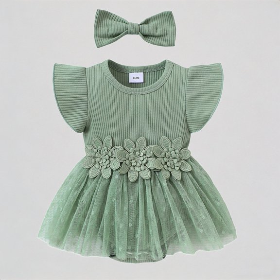 REDARER Baby Girls Romper Dress with Matching Bow Headband Flutter Sleeve Flower Applique Tulle Skirt Ribbed Bodysuit Summer Outfit,6-9 Months
