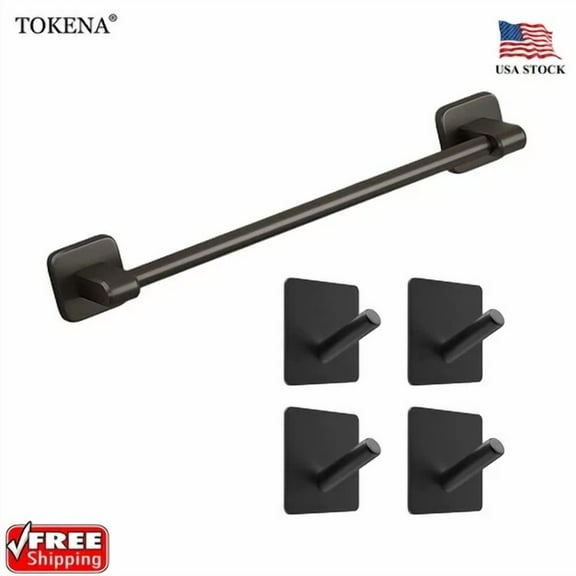 Towel Bar Self Adhesive 40Cm Wall Mounted Matte Black With 4Pcs Towel Hook Usa
