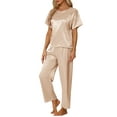 thumbnail image 4 of INSPIRE CHIC Women's Satin Pajamas Set Summer Outfits Short Sleeves Tops with Pants Silky Lounge Sets M Khaki, 4 of 6