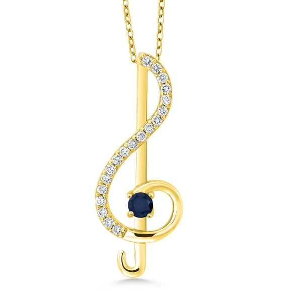Gem Stone King Keren Hanan Inspired by Music 18K Yellow Gold Plated Silver Treble Clef Pendant with Chain Round Blue Sapphire and Moissanite (0.34 Cttw)