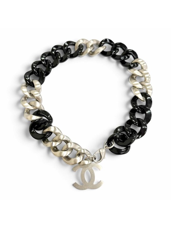 Pre-Owned CHANEL Vintage 07P Coco Mark Chain Choker Necklace, Black and Silver, Made in Italy,...
