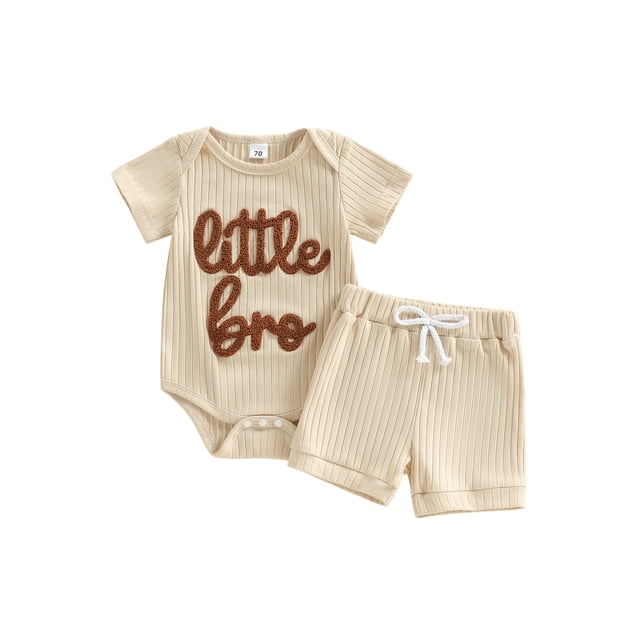 Argulvti 2Pcs Infant Boy Summer Outfit Crew Neck Short Sleeve Letters Embroidery Romper and Elastic Waist Shorts Set