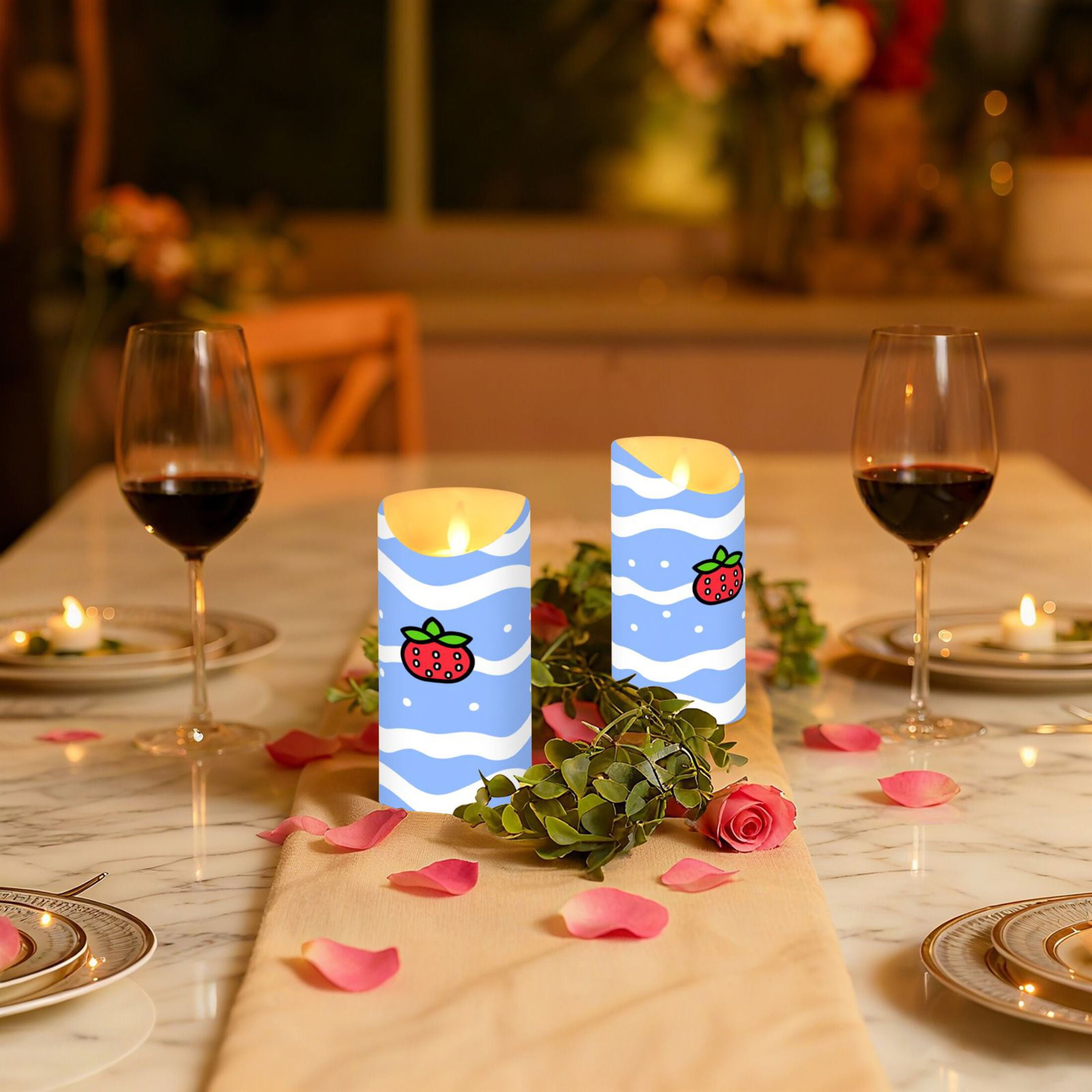 Strawberry Waves Flameless Candles 2 PCS with Remote Realistic Moving Flame LED Tapered Pillar Set for Home Decor