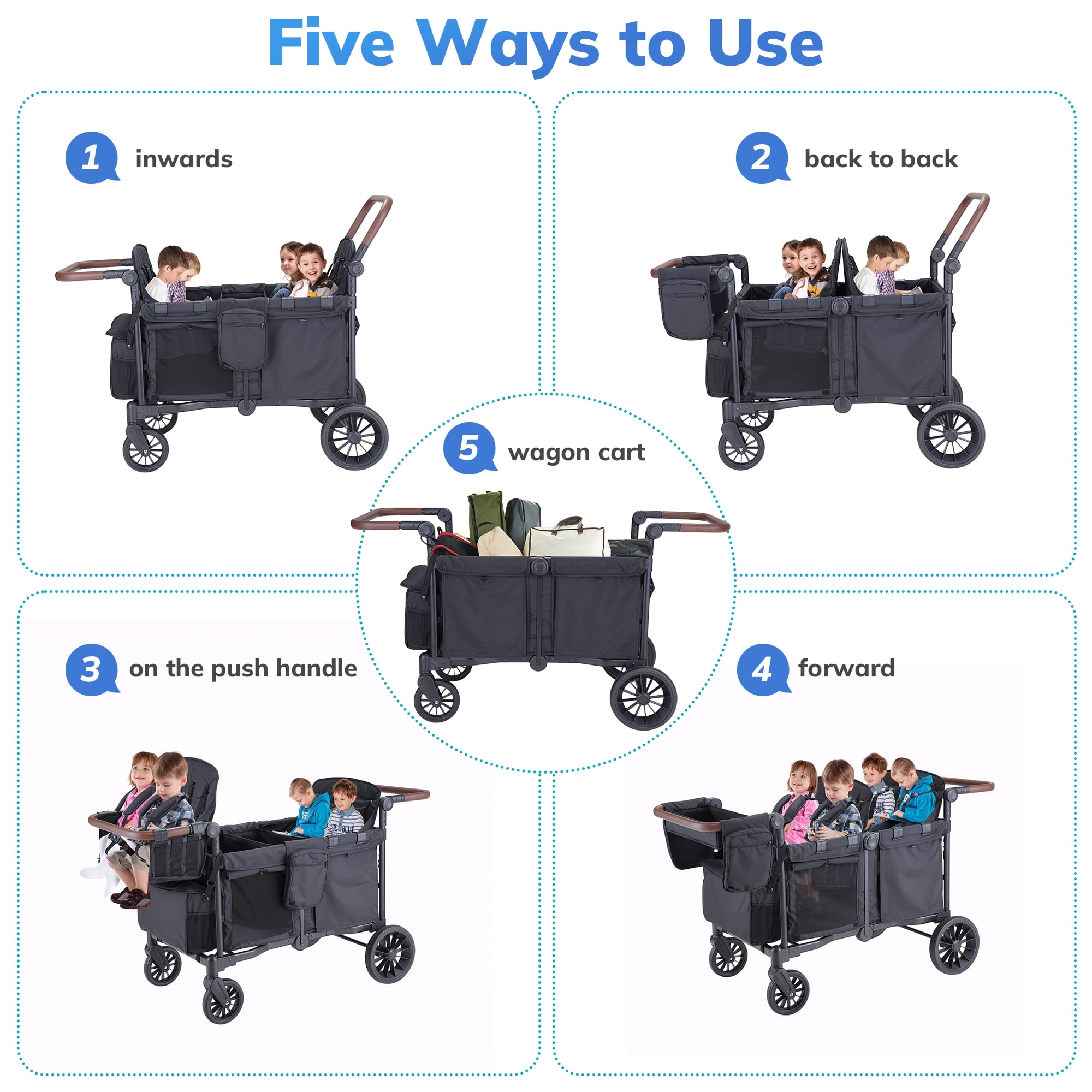 SACVON 4-in-1 Baby Stroller Wagon, 4-Seat Convertible Wagon for Kids with Removable Canopy, Cooler Bag, Adjustable Handle, for Outdoor Camping & Travel, Black
