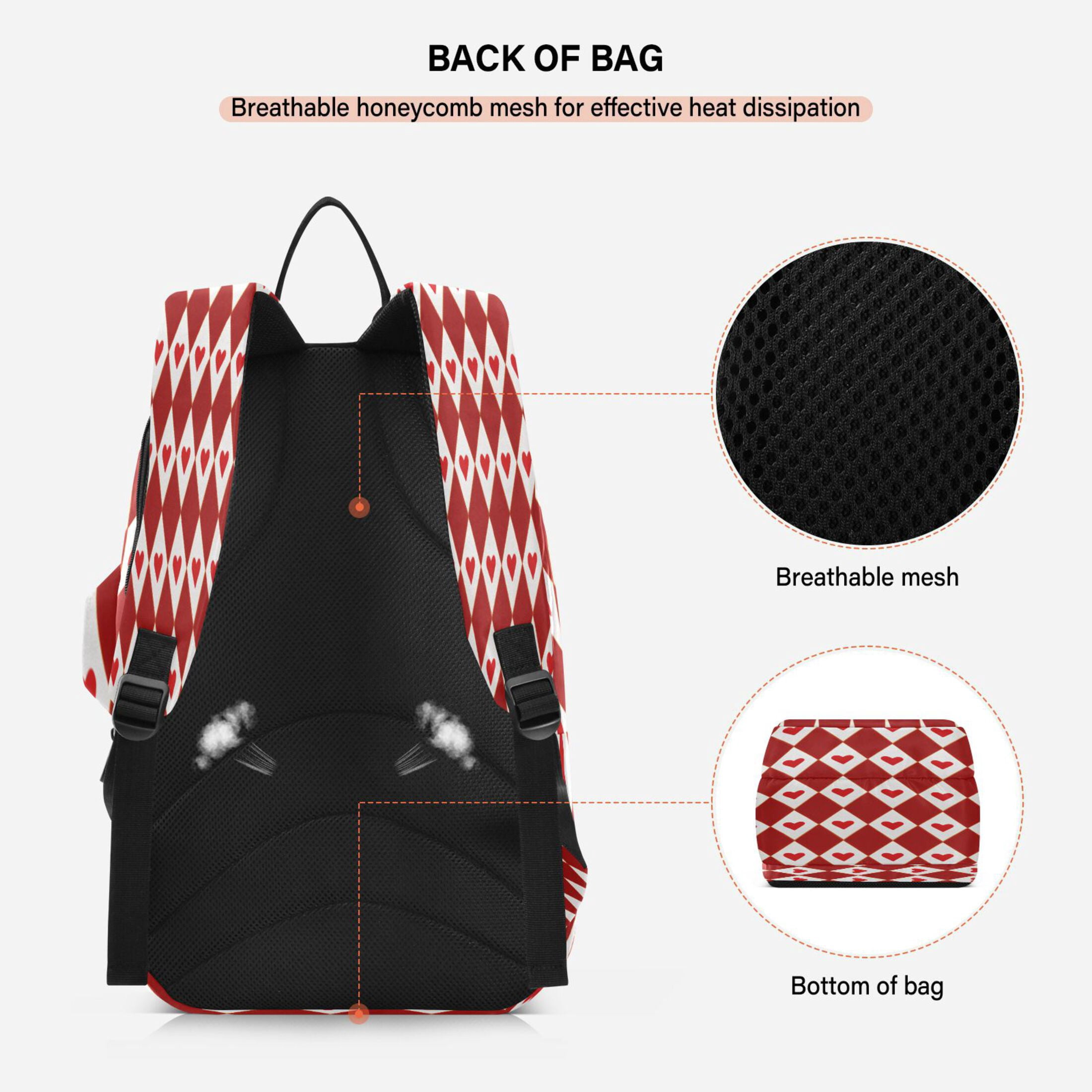 2 Racquet Holder Tennis Backpack Tennis Racket Covers Gym Bags Red Hearts and Diamonds