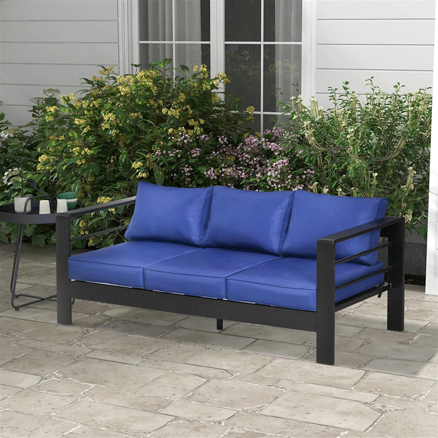 Demi Bonn Outdoor Loveseat Sofa Aluminum Patio Furniture with Wide Armrests, All-Weather Metal Outdoor Couch with Cushions, Blue