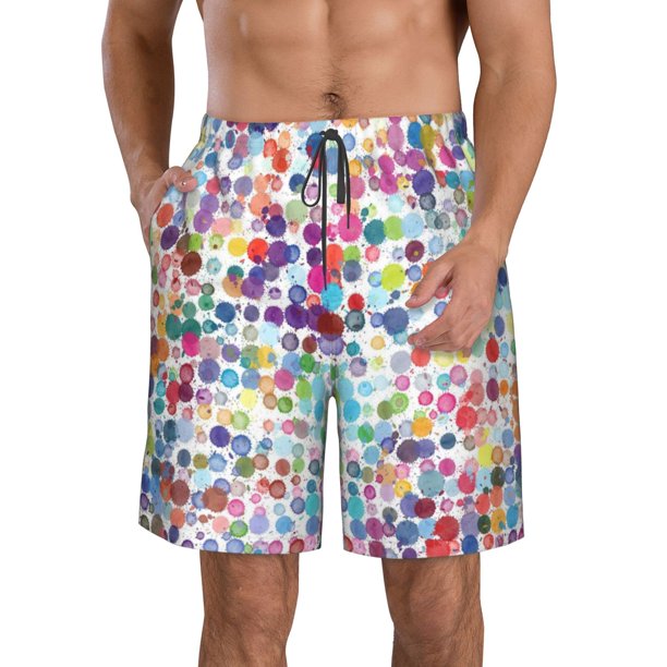 Fotbe Colorful Watercolor Dots Trajes de Baño Estampados para Hombre, Shorts de Verano de Secado Rápido, Ropa de Playa, Bañadores-Large