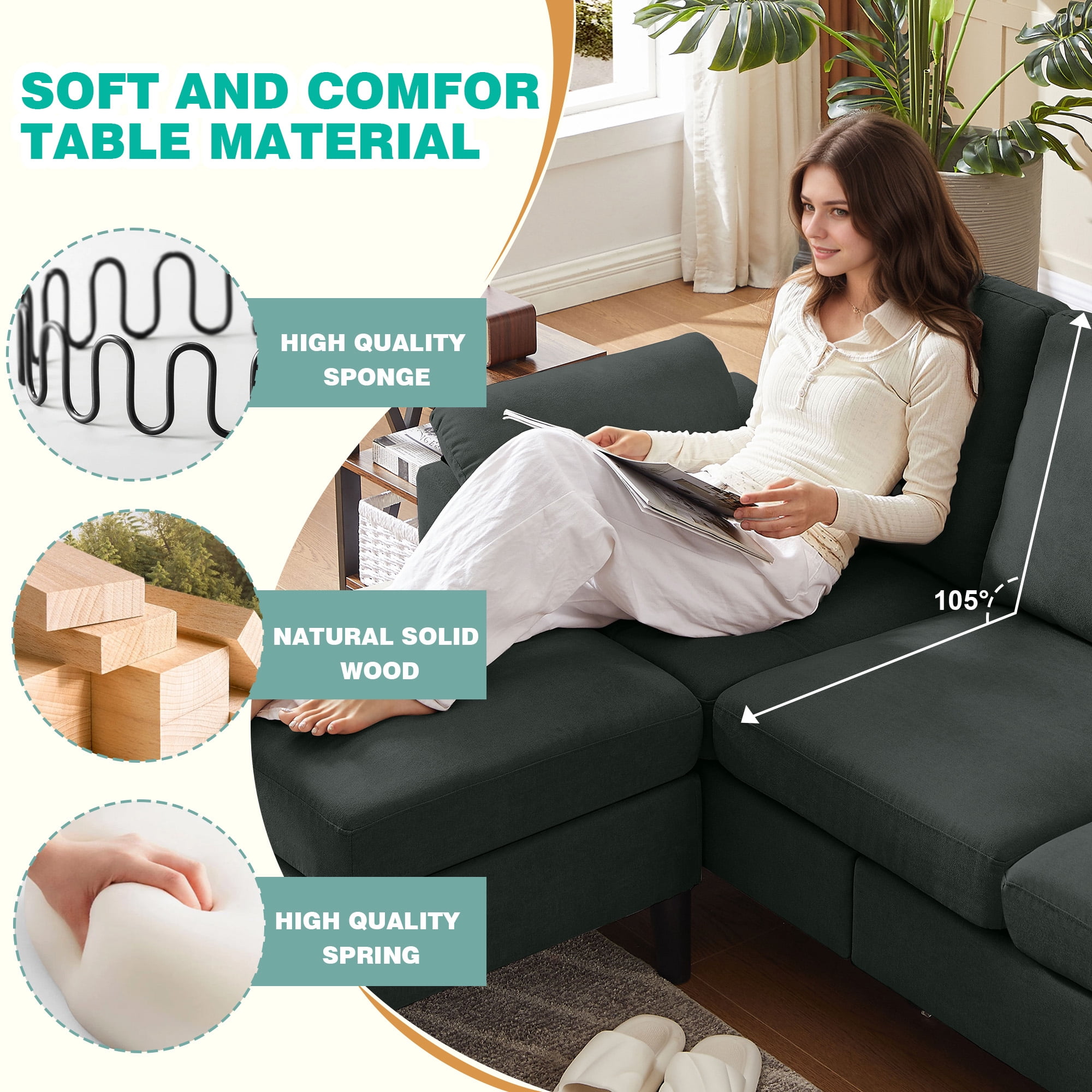 Jarenie Chireca 4 Piece Convertible Sectional Sofa Set, Modern Linen Small L Shaped Couch with Reversible Chaise, 3-Seater Sofa & Loveseat & Armchair for Living Room, Office, Apartment, Black