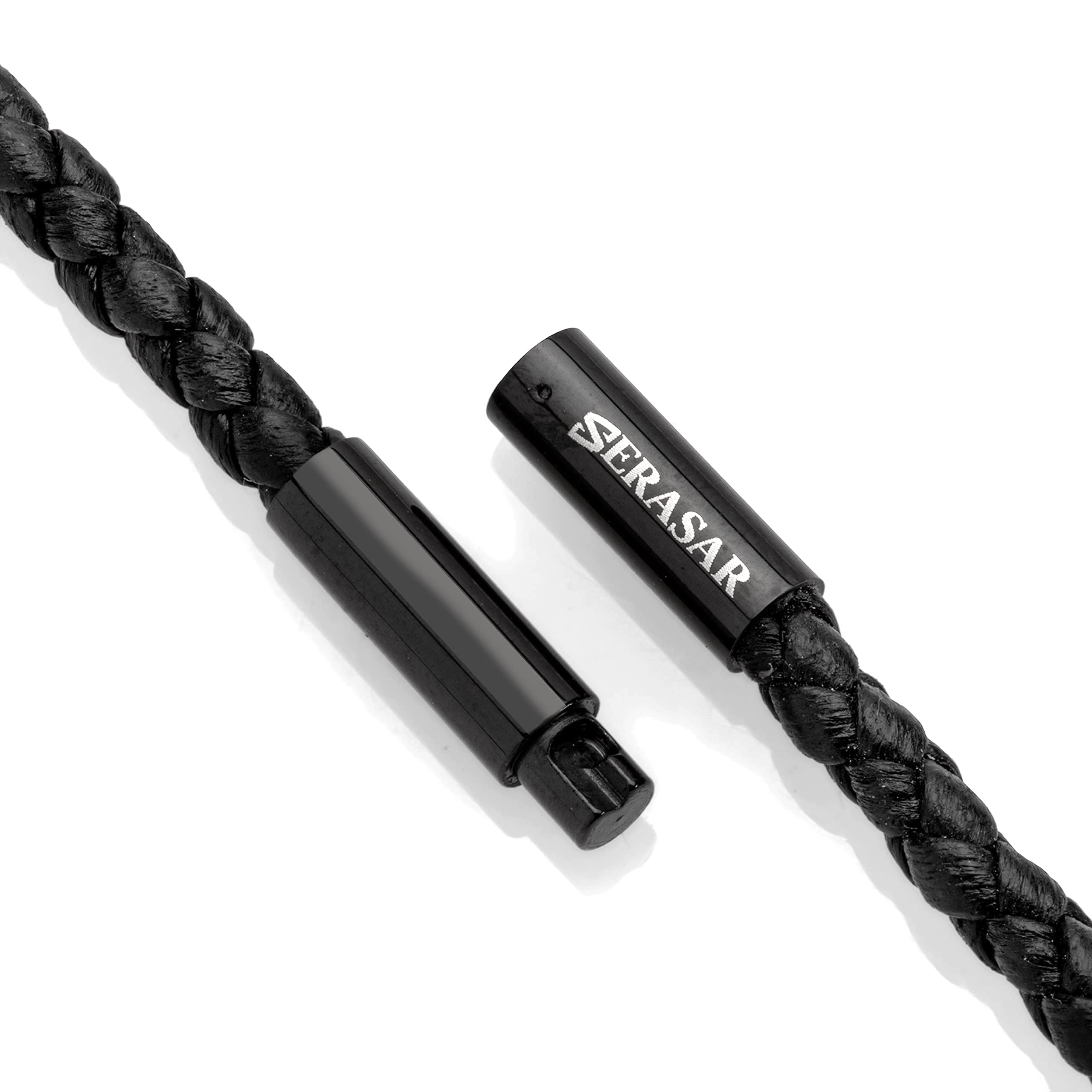 SERASAR Men's Leather necklace "Flame" with Stainless steel Pendant and Magnetic Closure, Black 50cm, incliding Gift box