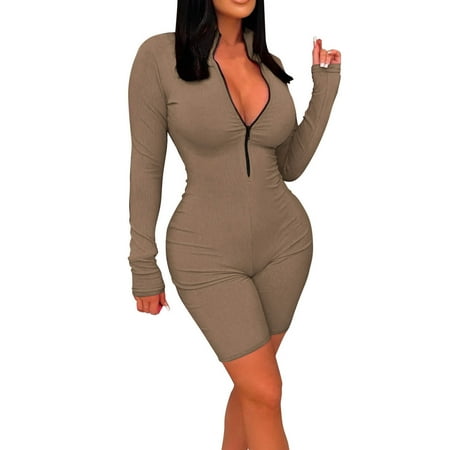 

Xysaqa Women s Ribbed Jumpsuits Shapewear for Women Tummy Control Post Compression Garment Workout Rompers Long Sleeve Exercise Overalls Khaki Clearance
