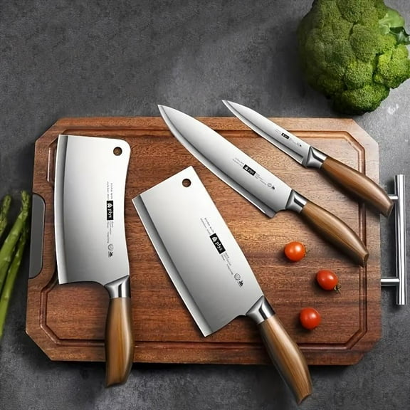 High-end Stainless Steel Kitchen Knives Set with Imitation Wooden Handle Design, Sharp and Durable Bone Knife, Meat Cleaver, Utility Knife, Fruit Knife. Suitable for Multi-Purpose Cooking Use.