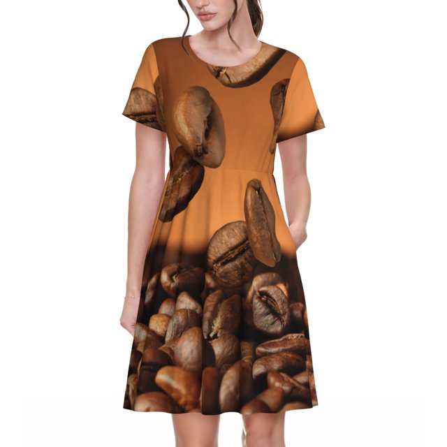Fotbe Coffee Beans Vestido Largo de Moda para Mujer, Vestido Tipo Camiseta con Manga Corta y Estilo Casual a Rayas y Bloques de Color