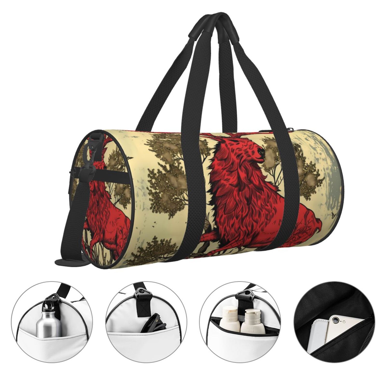Vsdgher Mythical Red Stag Illustration 45L Foldable Duffel Bag, Sports Gym Bag,Overnight Bag, Portable Weekender Bag for Airplanes