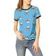 thumbnail image 2 of INSPIRE CHIC Women's Short Sleeve Contrast Cartoon Cats Pet Print Tee Ringer T-Shirt Tops XS Light Blue, 2 of 6
