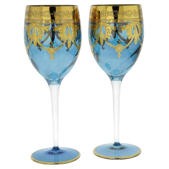 GlassOfVenice Set of Two Murano Glass Wine Glasses 24K Gold Leaf - Blue