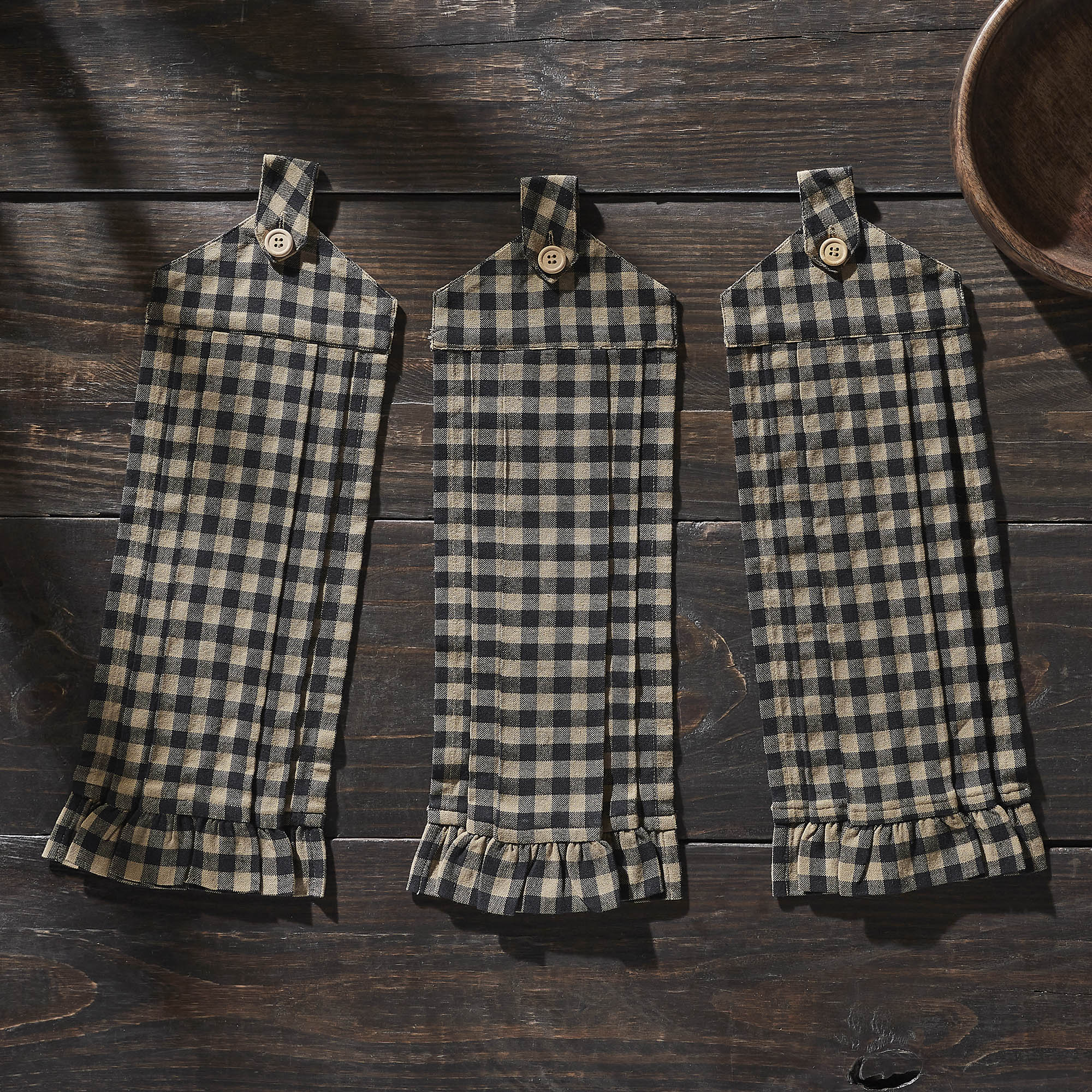 VHC Brands Cotton Black Check Button Loop Kitchen Towel Set of 3, Hanging Kitchen Towel, Pleated, Bath, Kitchen, Black Check Collection, Rectangle 21x7, Country Black