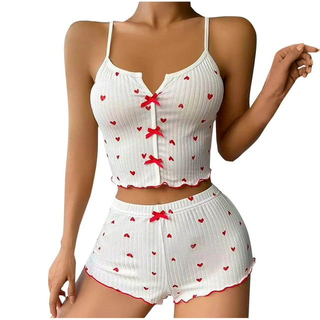 Weiqiqre Ensemble de Pyjamas pour Femmes Imprimé Cœur Mignon Pyjama Confortable Doux 2 Pcs