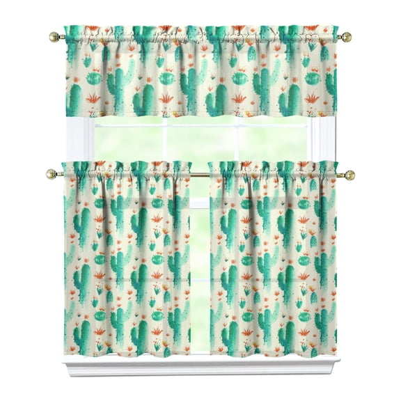 Cute Cactus Succulent Kitchen Curtain Set, 3PCS 27.5x36in Polyester Valance and Tier Panels, Botanical Window Drapes