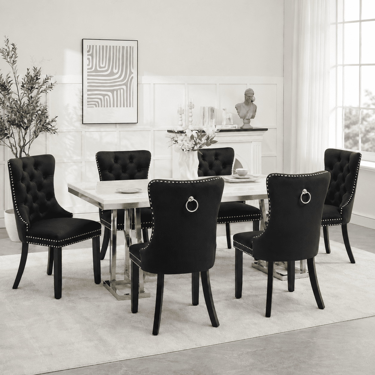 LegaHome Dining Chairs Set of 2, Velvet Upholstered Dining Chair with Nailhead Trim&Solid Wood Legs, Button Padded Dining Chairs Set for Kitchen Dining Room Living Room, Black