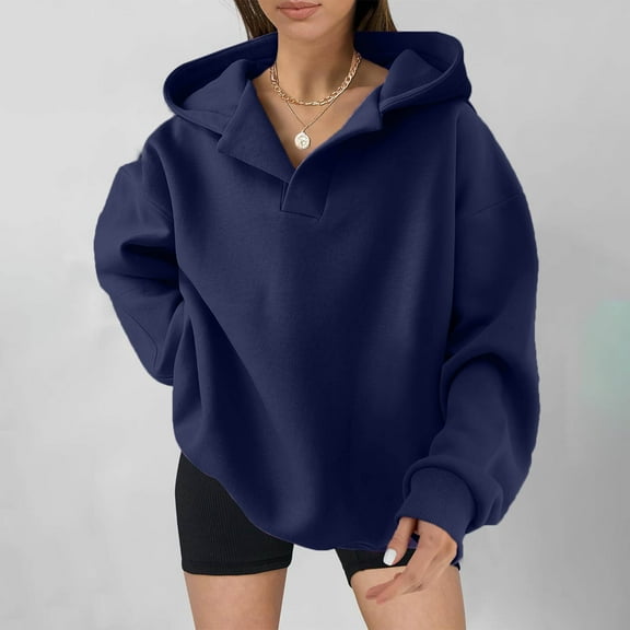 BSDJILFG V-Neck Hooded Sweatshirt for Juniors Loose Fit Hoodie Long Sleeve Solid Color Pullovers