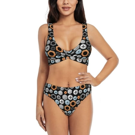 Zeuib Colorful Screws High Waisted Tummy Control Bikini Set - Knot Front Push Up Top & Cheeky Thong Bottom  Two-Piece Swimsuit for Women-Large