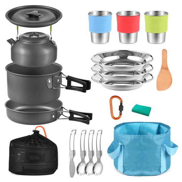 TOMSHOO 22pcs Camping Cookware Mess Kit Camping Pot and Pan Cooking Set Outdoor Camping Hiking Backpacking Survival Gear