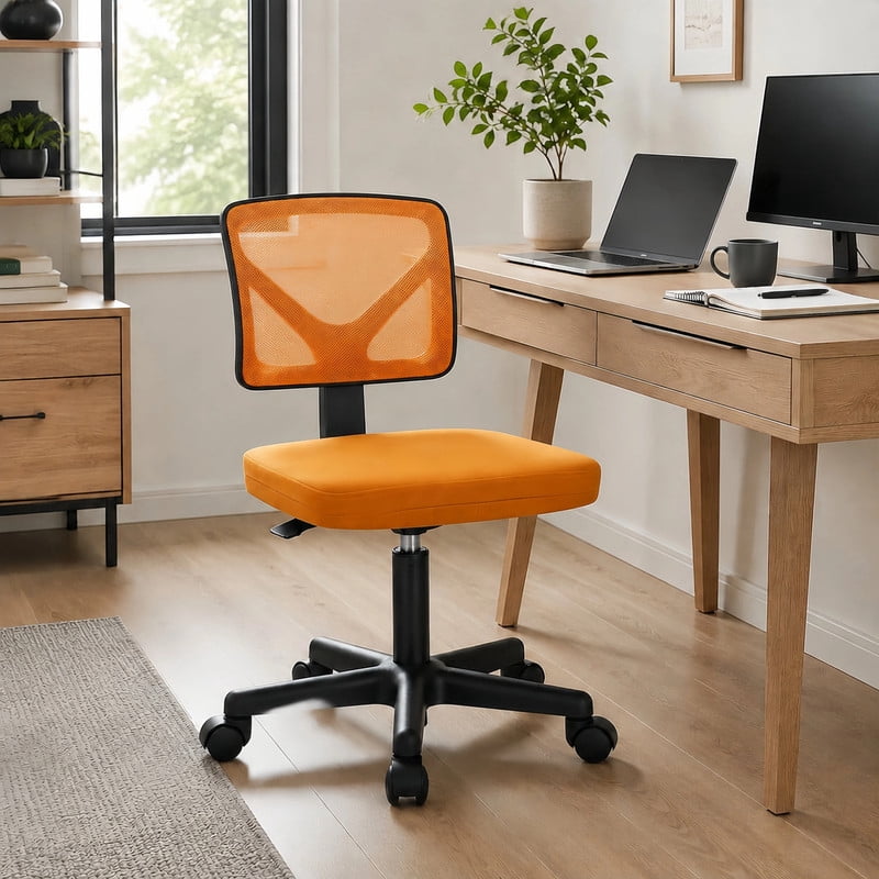 BEAUTYPEAK Desk Chair with Y-Shaped Lumbar Support Adjustable Armless Mesh Office Chair with Wheels for Home Office, Orange