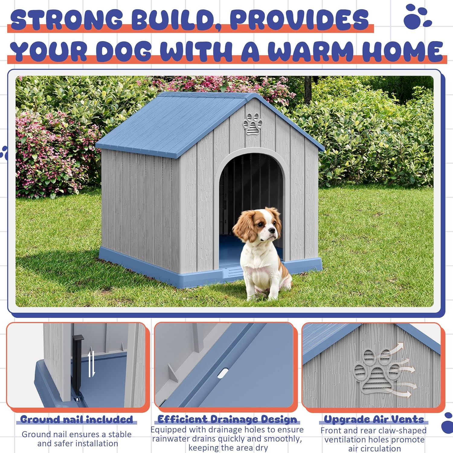 Dog House Outdoor Indoor, Plastic Small Dog House-Weatherproof Design with Air Vents & Elevated Floor for Small to Medium Dogs, Easy Clean and Assemble (Blue)