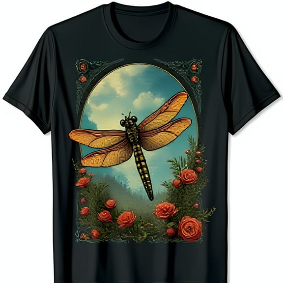 Vintage Dragonfly & Roses Graphic Black T-Shirt Timeless Earthy Design
