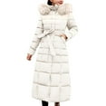 thumbnail image 2 of Women's Long Hooded Puffer Coat, Belted Waist Winter Jacket with Faux Fur Trim, Quilted Parka, Warm Down Alternative Coat, Casual Outerwear White M, 2 of 8