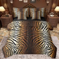 Homewish Chic Zebra Print 7 Pieces Bedding Comforter Set,Abstract Geometric Stripes Full Bedding Set,White Black Brown Fitted Sheet Flat Sheet For Adults,Breathable Home Decor Reversible