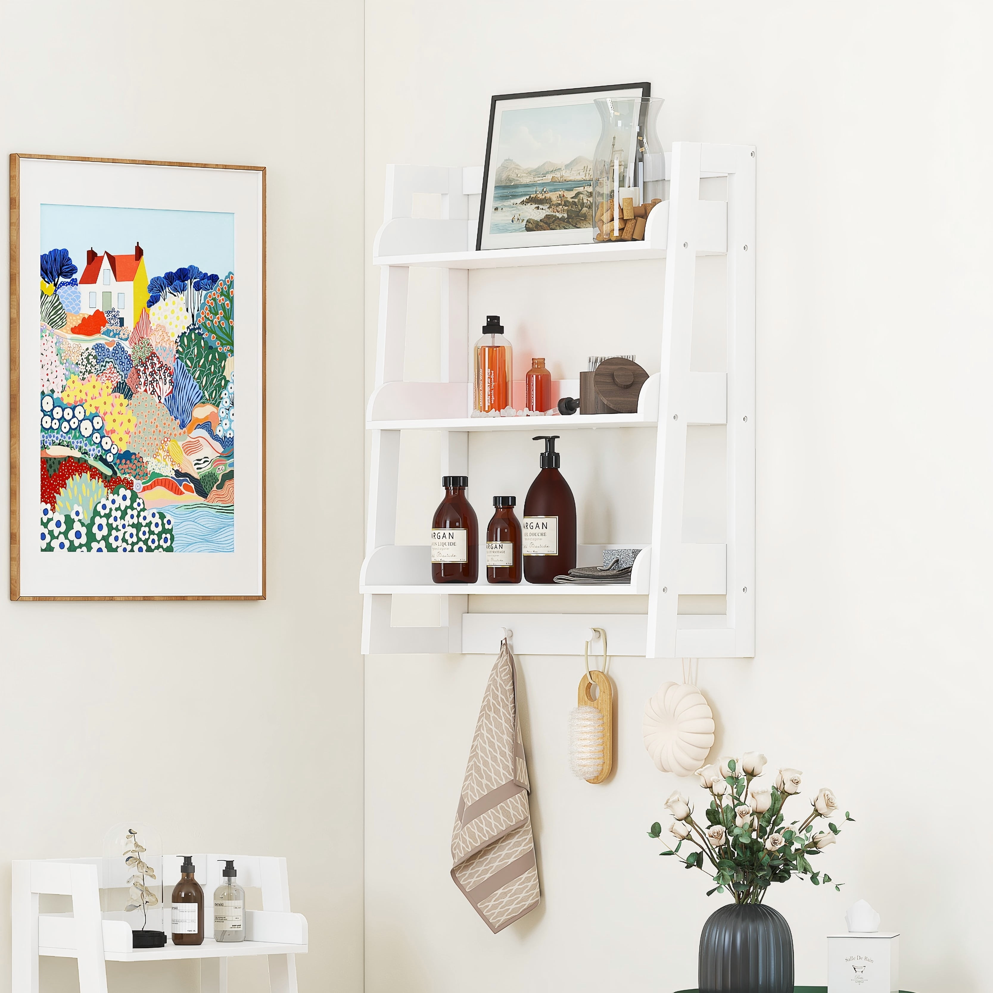 STAROUS  3 Tier Bathroom Shelf Wall Mounted with Towel Hooks, Bathroom Organizer Shelf Over The Toilet (White)