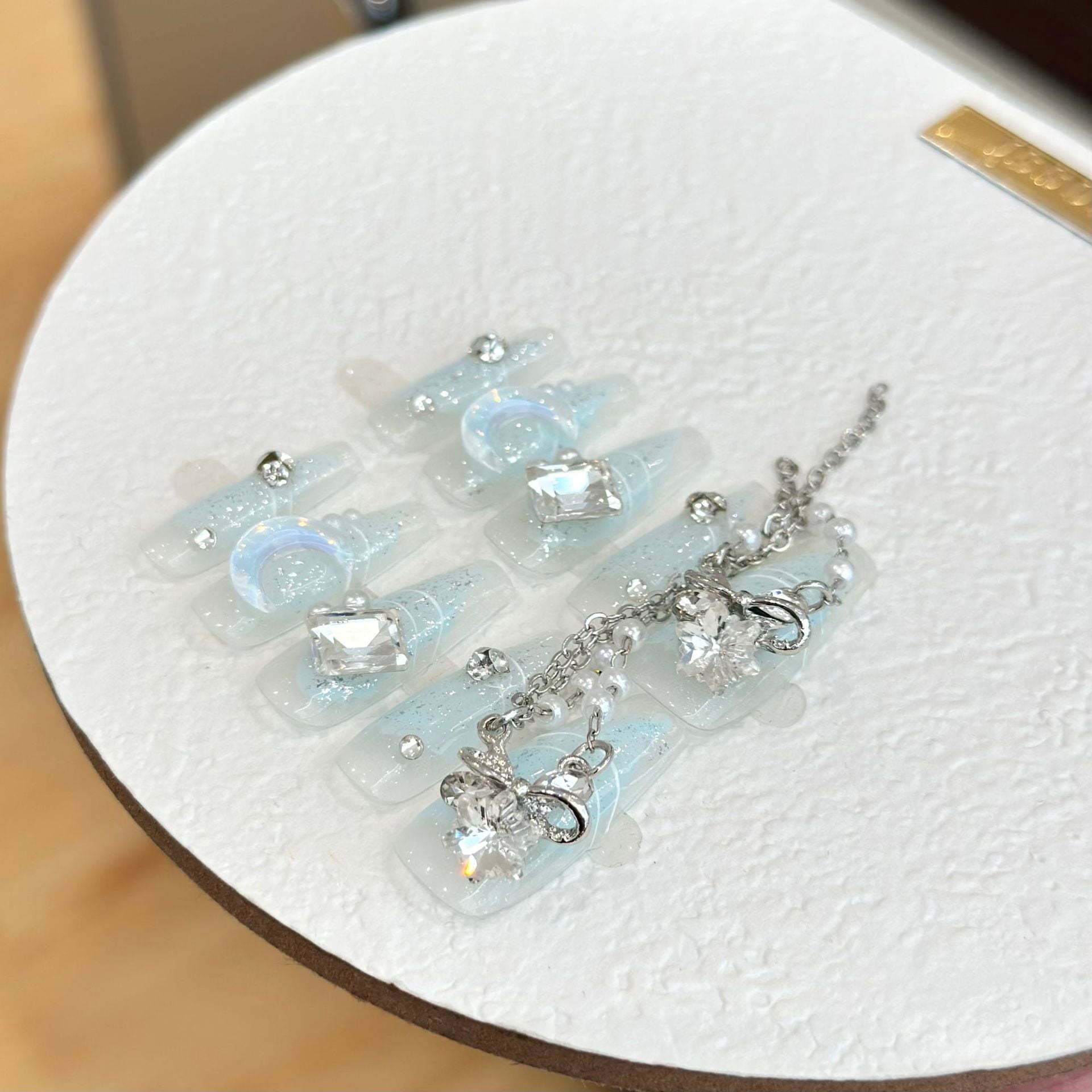 Premium summer handmade wear nail piece blue smudge long nail patch bow pearl big diamond moon