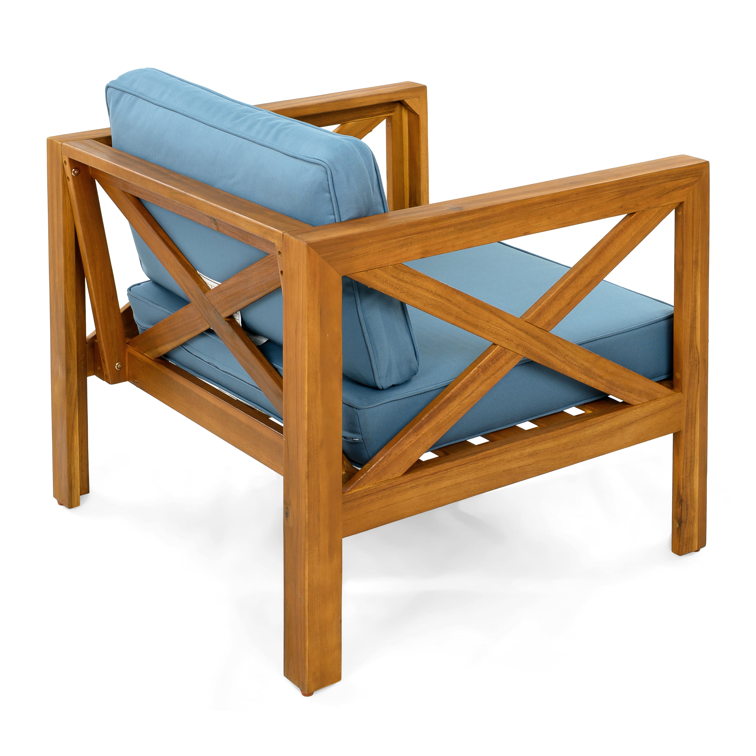 Wooden Armchair Set of 2, Outdoor Acacia Wood Club Chair with Cushions for Patio Garden, Teak and Blue