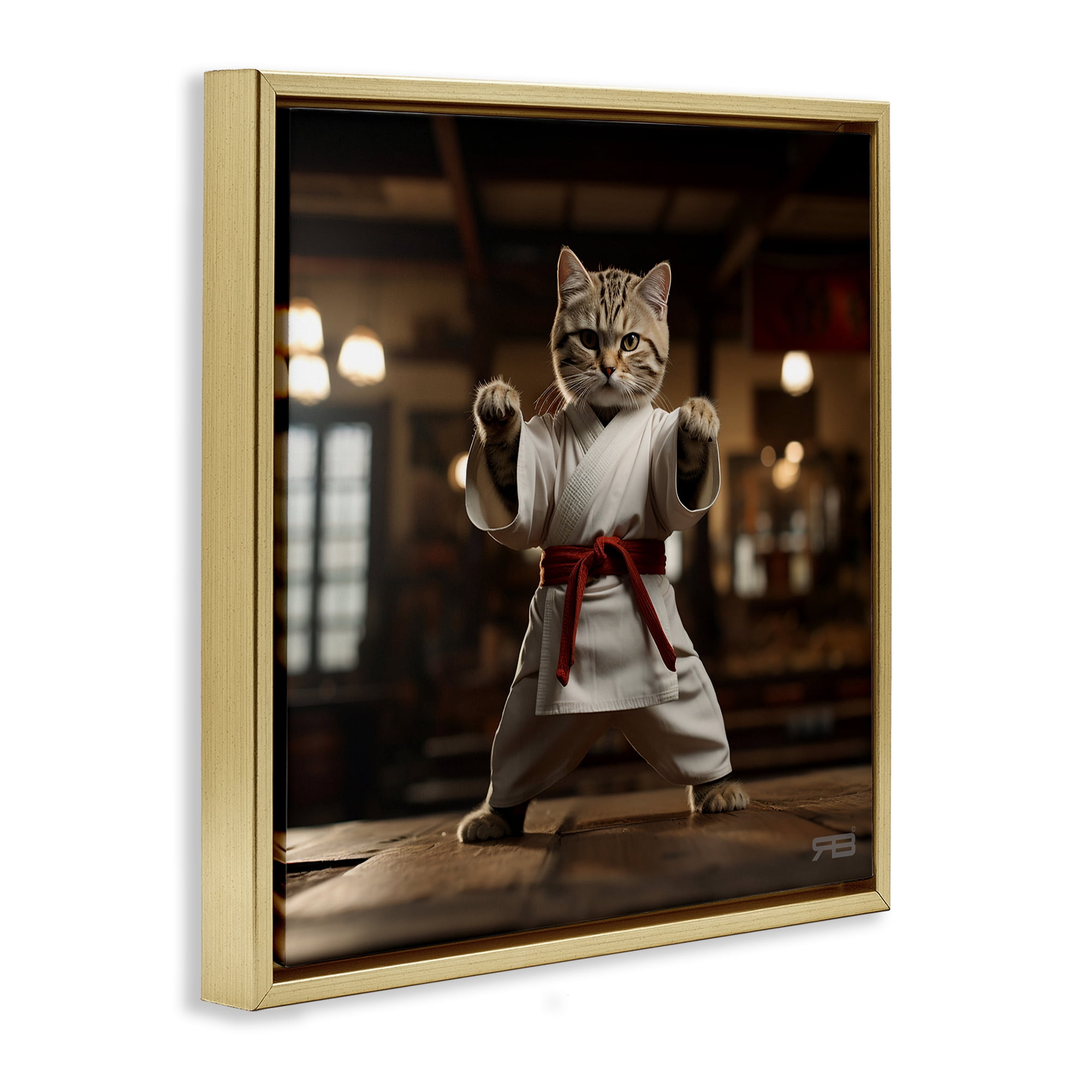 Stupell Industries Martial Arts Cat Novelty Painting Gold Floater Framed Canvas Art Print Wall Art, 18 x 18
