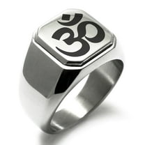 Stainless Steel Sacred Sanskrit Om Engraved Square Flat Top Biker Style Polished Signet Ring