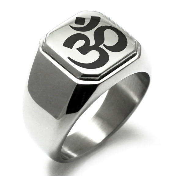 Stainless Steel Sacred Sanskrit Om Engraved Square Flat Top Biker Style Polished Signet Ring