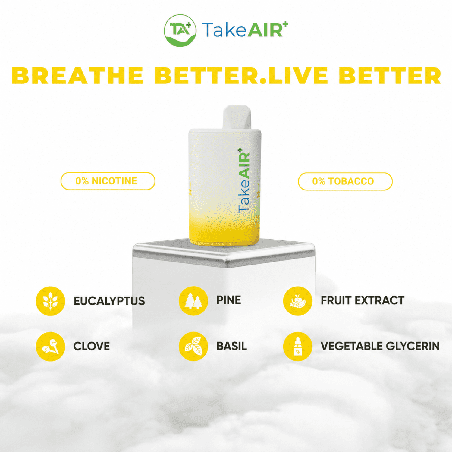 TakeAIR+ Nicotine-Free Diffuser Over 4K Puffs, All Natural, Smokeless Inhaler, Lemon