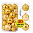 thumbnail image 1 of Esferas para árbol de navidad Artego set mix de 30 esferas = 10pz*8cm 20pz*6cm color Dorado * Línea Glitter 3 acabados glitter, brillante y cromada, para colgar Christmas ornaments, 1 of 7