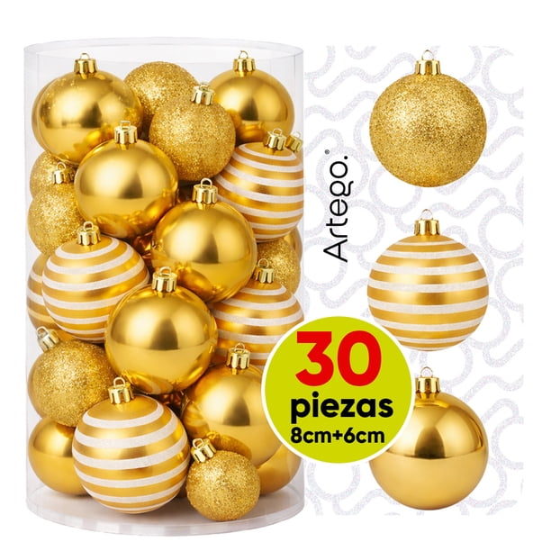 Esferas para árbol de navidad Artego set mix de 30 esferas = 10pz*8cm 20pz*6cm color Dorado * Línea Glitter 3 acabados glitter, brillante y cromada, para colgar Christmas ornaments