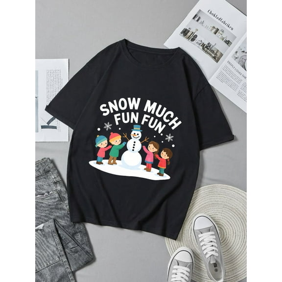 Christmas Winter Snowman Snow Much Fun Print Black Graphic T-Shirt for Men and Women Tops Tee